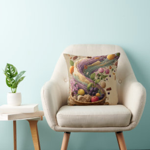 Cojín Decorativo Ilustración digital de cesta de frutas y flores
