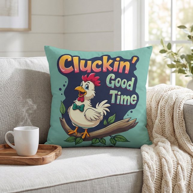 Cojín Decorativo Ilustracion divertidísimo de pollo (Cluckin' Good Time Funny Chicken Illustration Throw Pillow Mockup A)