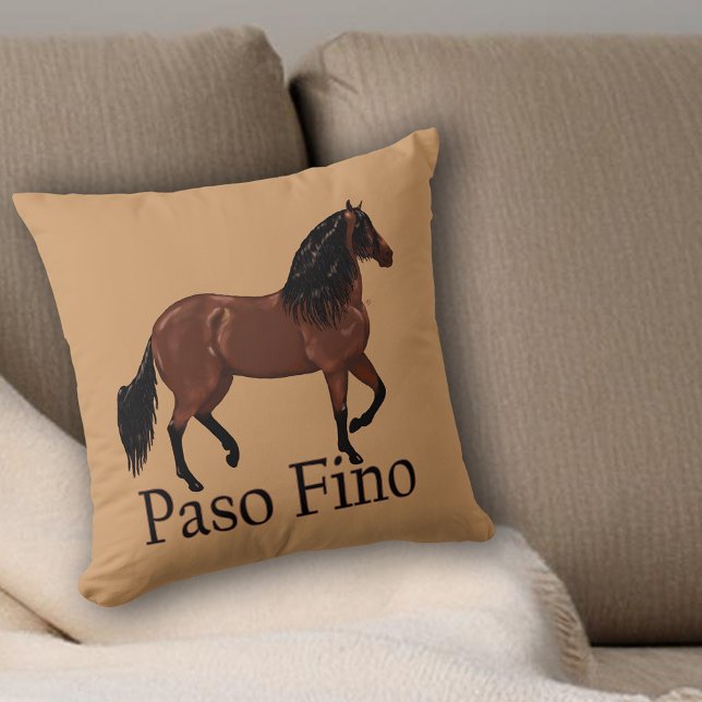 Cojín Decorativo Ilustracion Ecuestre Paso Fino (Tan throw pillow with illustrated Paso Fino horse and bold text, rustic equestrian home décor accent)