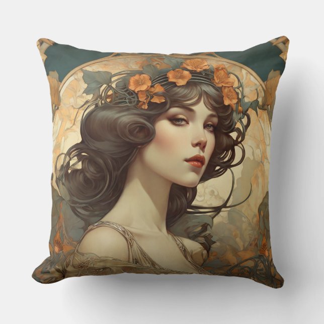 Cojín Decorativo Ilustracion femenino con Art Nouveau (Anverso)
