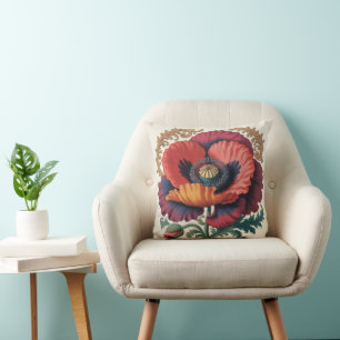 Cojín Decorativo Ilustración floral de amapola vintage ornamentada