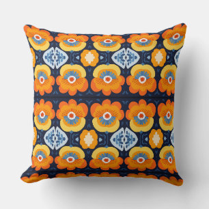 Cojín Decorativo Ilustración floral retro en negrita en naranja y a