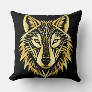Cojín Decorativo Ilustración Geométrica de Lobo Dorado