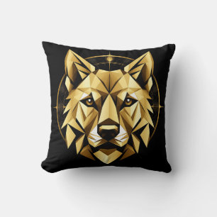 Cojín Decorativo Ilustración geométrica de lobo dorado