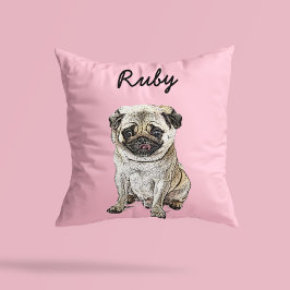 Cojín Decorativo Ilustración moderna de perro Pug | Agregar nombre