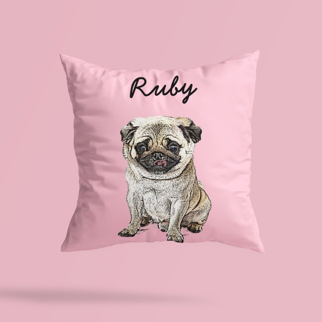Cojín Decorativo Ilustración moderna de perro Pug | Agregar nombre (Subido por el creador)