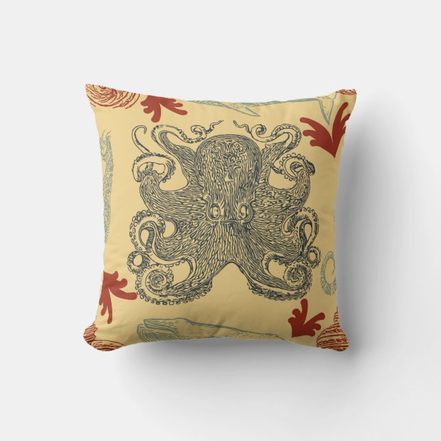 Cojín Decorativo Ilustracion Nautical Crème Octopus Sea Monster (Anverso)