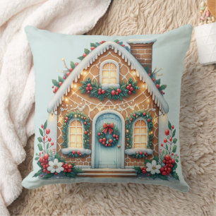Cojín Decorativo Ilustración navideña de casa de jengibre acogedora