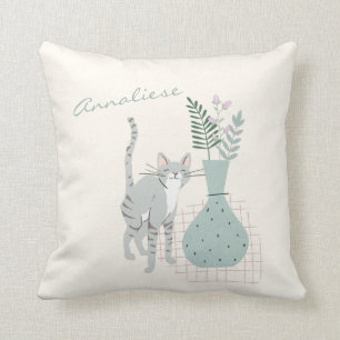 Cojín Decorativo Ilustración personalizada de gato lindo y flores