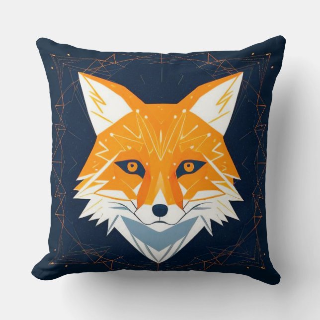 Cojín Decorativo Ilustracion Polygon Fox con adorno celeste (Anverso)