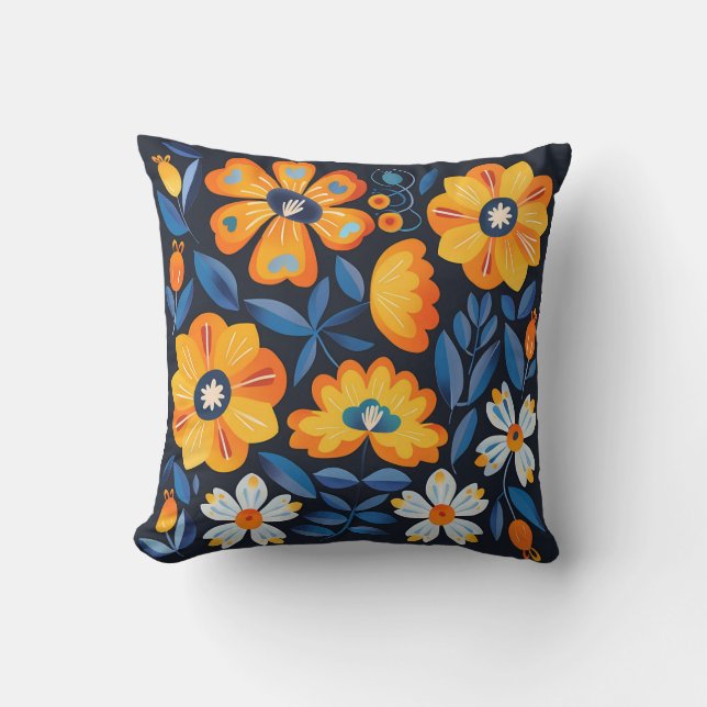 Cojín Decorativo Ilustracion retro floral negrita en Naranja y azul (Anverso)