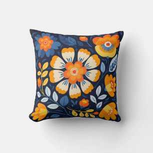 Cojín Decorativo Ilustracion retro floral negrita en Naranja y azul