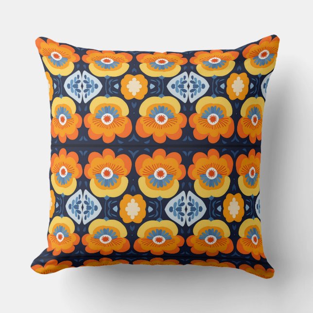Cojín Decorativo Ilustracion retro floral negrita en Naranja y azul (Anverso)