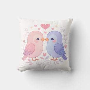 Cojín Decorativo Ilustración Romántica Pastel de Lindas Aves de Amo