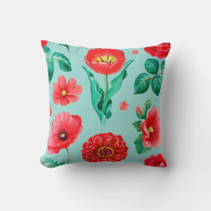 Cojín Decorativo Ilustraciones acuarelas de flores rojas. Sin incon