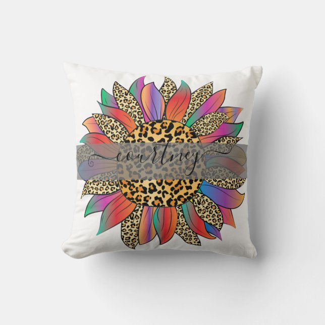 Cojín Decorativo Impresión de arcoiris y leopardo personalizada (Anverso)
