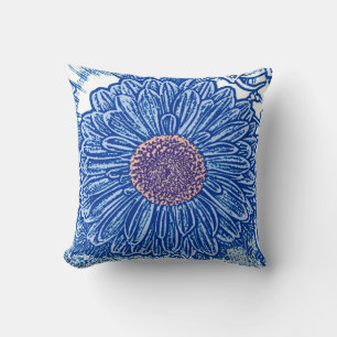 Cojín Decorativo Impresión de bloque de Gerbera Daisy - azul cobalt