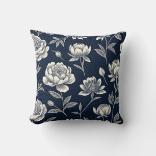 Cojín Decorativo impresión de bloque floral vintage azul y blanco