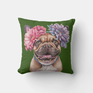 Cojín Decorativo Impresión de color de agua de flor de Bulldog fran