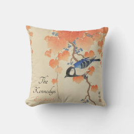 Cojín Decorativo Impresión de color de agua japonés con pájaro