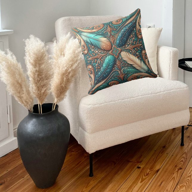 Cojín Decorativo Impresión de cuero con herramientas de occidente e (Western Tooled Leather Print Southwest Style Throw Pillow)