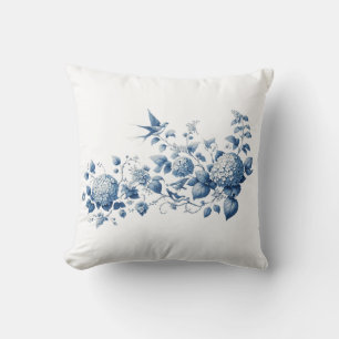 Cojín Decorativo Impresión de flores y aves azules y blancas en Chi