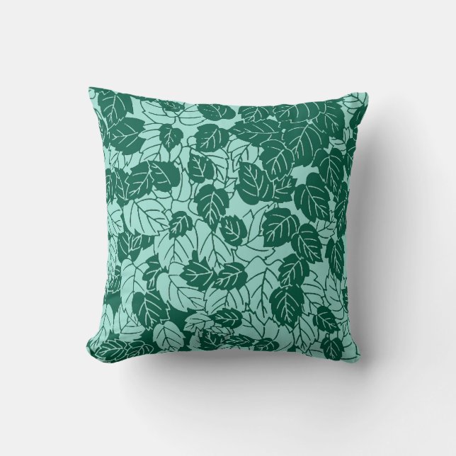 Cojín Decorativo Impresión de hojas japonesas, turquesa y Aqua (Anverso)