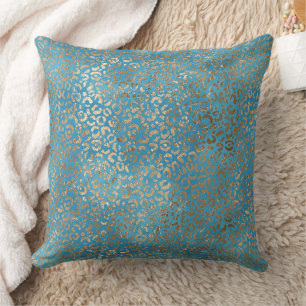Cojín Decorativo Impresión de Leopardo de oro azul turquesa