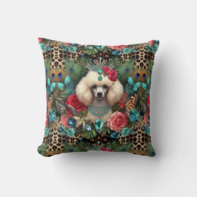 Cojín Decorativo Impresión de Leopardo Floral Cushion White Poodle (Anverso)