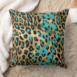 Cojín Decorativo Impresión de leopardo turquesa dorado