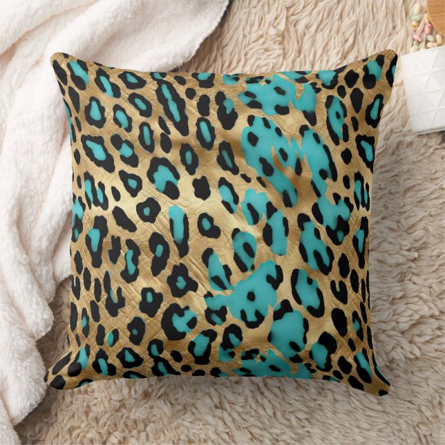 Cojín Decorativo Impresión de leopardo turquesa dorado (Manta)