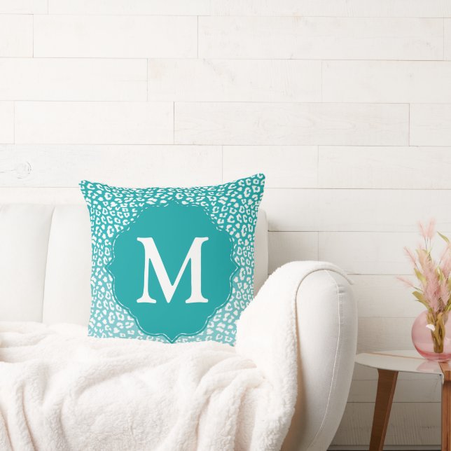 Cojín Decorativo Impresión de leopardo turquesa monograma (Sofá)