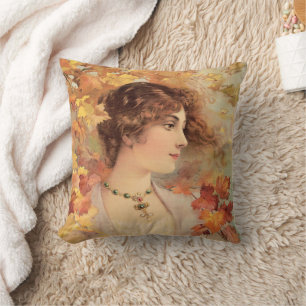 Cojín Decorativo Impresión de Mujer de Otoño Art Nouveau con Follaj