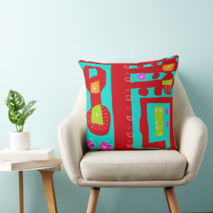 Cojín Decorativo Impresión étnica floral rojo turquesa blanco