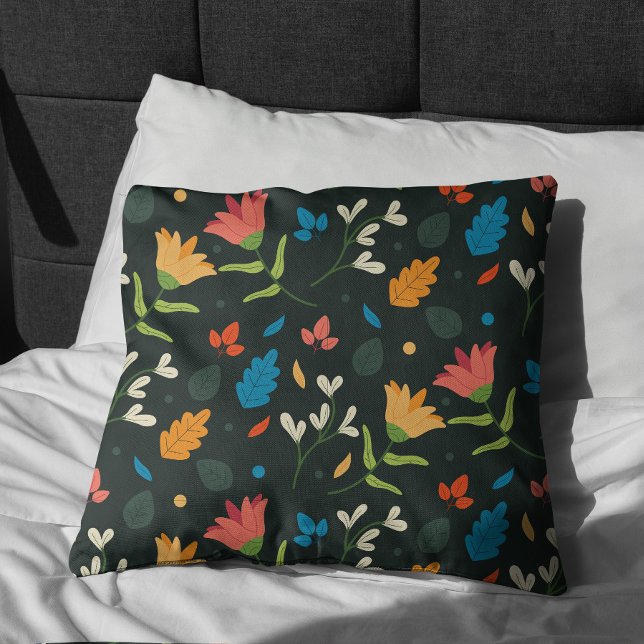 Cojín Decorativo Impresión floral botánica negra (Stylish Elegant Black Floral Pattern Pillow)