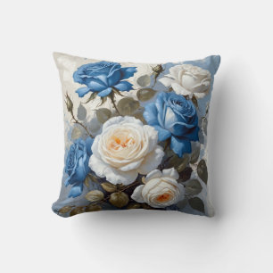 Cojín Decorativo Impresión floral de rosas azules y blancas