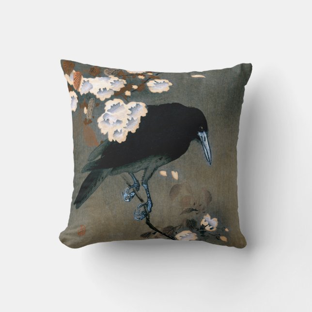 Cojín Decorativo Impresión japonesa de Woodblock del cuervo y del (Anverso)