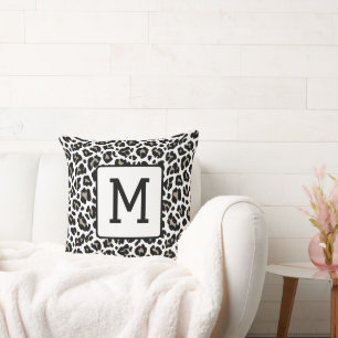 Cojín Decorativo Impresión monogramada de leopardo negro y blanco