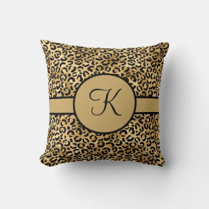 Cojín Decorativo Impresión monogramada de Leopardo Negro y Oro