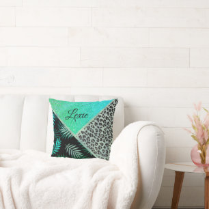Cojín Decorativo Impresión Purpurinoso Verde azulada de leopardo tr