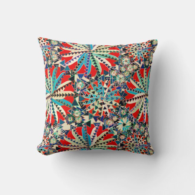 Cojín Decorativo Impresión tribal de manala, rojo, azul y crema (Anverso)