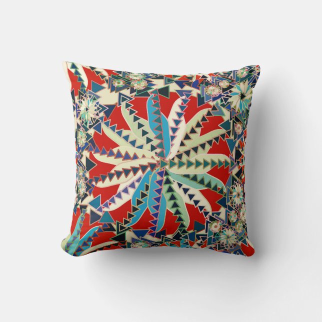 Cojín Decorativo Impresión tribal de manala, rojo, azul y crema (Anverso)