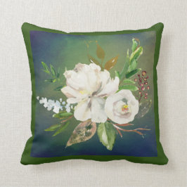 Cojín Decorativo Impresionante acuarela floral verde y blanca