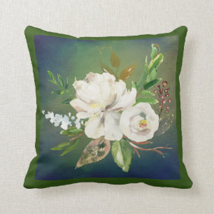 Cojín Decorativo Impresionante acuarela floral verde y blanca