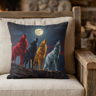 Cojín Decorativo Impresionantes cuatro lobos, un aullido en el desi