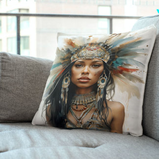 Cojín Decorativo Indigenous-Inspired Watercolor Portrait