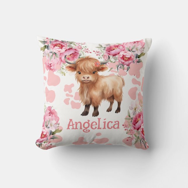 Cojín decorativo infantil Highland Cow Pink Boho (Anverso)