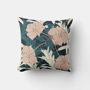 Cojín Decorativo Inhibisco rosa tropical, fondo oscuro