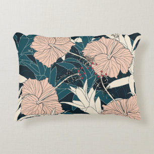 Cojín Decorativo Inhibisco rosa tropical, fondo oscuro