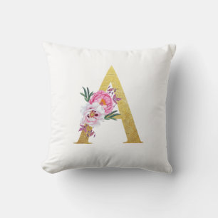 Cojín Decorativo Inicial A Floral Lujo Elegante Flor Dorada Rosa